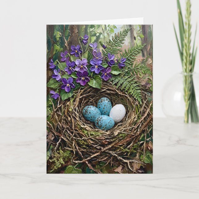 Cartão De Festividades Inspiring Spring Bird Nest Violets Impasto Easter (Frente)