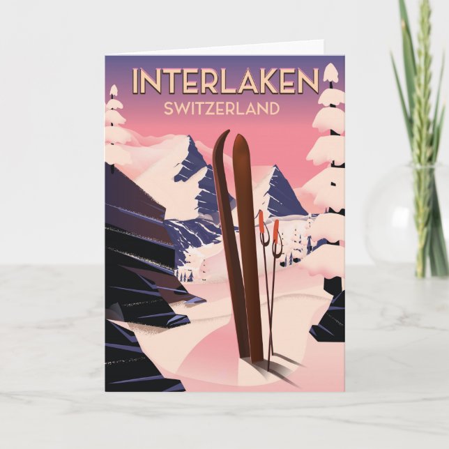 Cartão De Festividades Interlaken Switzerland Ski travel poster. (Frente)
