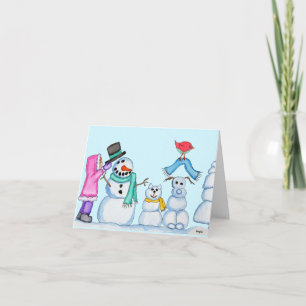 Cartão De Festividades Inverno - Boneco de Neve, Gato de Neve, Cachorro d