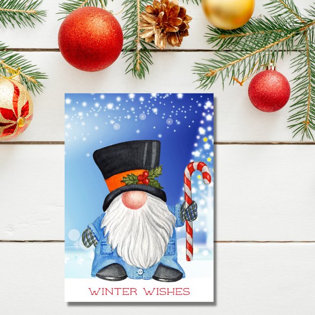 Cartão De Festividades Inverno deseja natal Gnome Blue e White (Criador carregado)