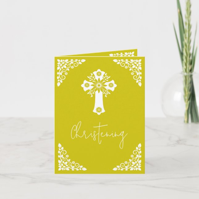 Cartão De Festividades Invitation Floral Cross Christening Yellow (Frente)