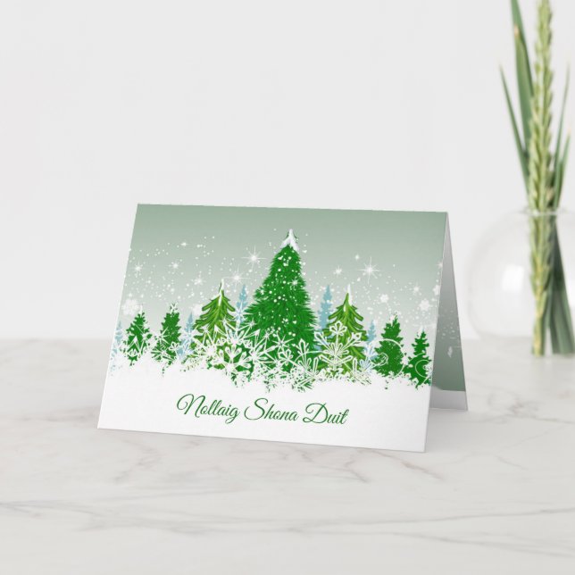 Cartão De Festividades Irish Christmas,  snowy green fir trees (Frente)