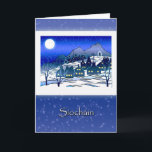 Cartão De Festividades Irish Gaelic Christmas, Síocháin, Snowy Village<br><div class="desc">Merry Christmas greeting card written in Irish Gaelic. Cover text translates as "Peace". Inside translates as "Merry Christmas". Quaint village town in the foothills before the mountains. A moon and snow flurries fill in the sky. Warm glow comes from the village building windows. Art, image, and verse copyright © Shoaff...</div>