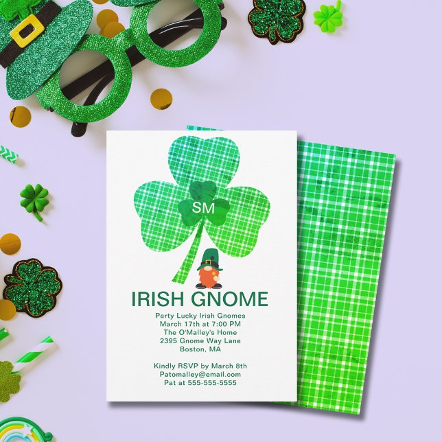Cartão De Festividades Irish Gnomo Monograma Shamrock St Patricks Convida (Irish Gnome Monogram Shamrock St Patrick's Invite)