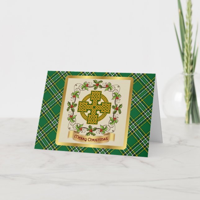 Cartão De Festividades Irish National Tartan w/Celtic Cross Personalizado (Frente)