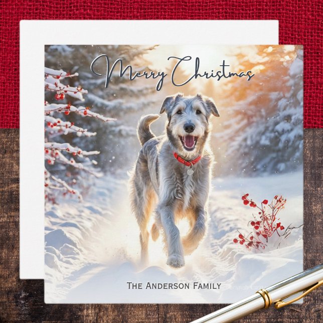 Cartão De Festividades Irlandês Wolfhound Dog Caminhando Neve Feliz Natal (A personalized Christmas card with picture of an Irish Wolfhound out for a winter walk in the snow)