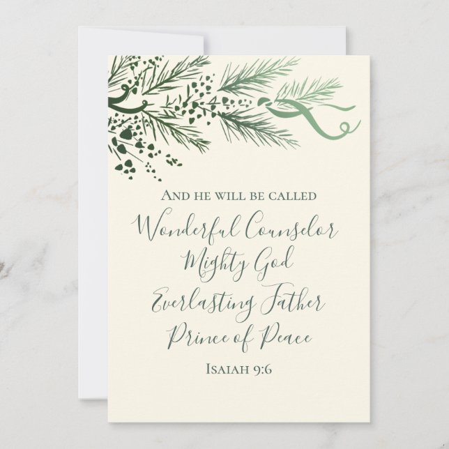Cartão De Festividades Isaiah 9:6 Scripture Pine & Bow Photo Christmas (Frente)