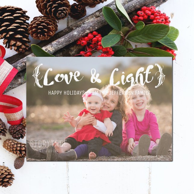 Cartão De Festividades Ivory Elegant - Foto De Férias E Amor Escrito (Ivory Elegant Sketched Love and Light Holiday Photo Card)
