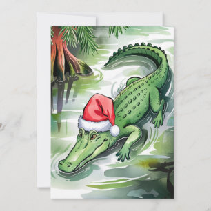 Cartão De Festividades Jacaré de Papai Noel Nadando no Bayou