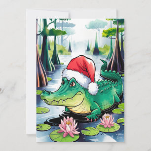 Cartão De Festividades Jacaré de Papai Noel no Bayou