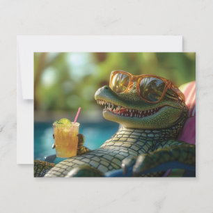 Cartão De Festividades Jacaré Desfrutando de um Coquetel à Beira da Pisci