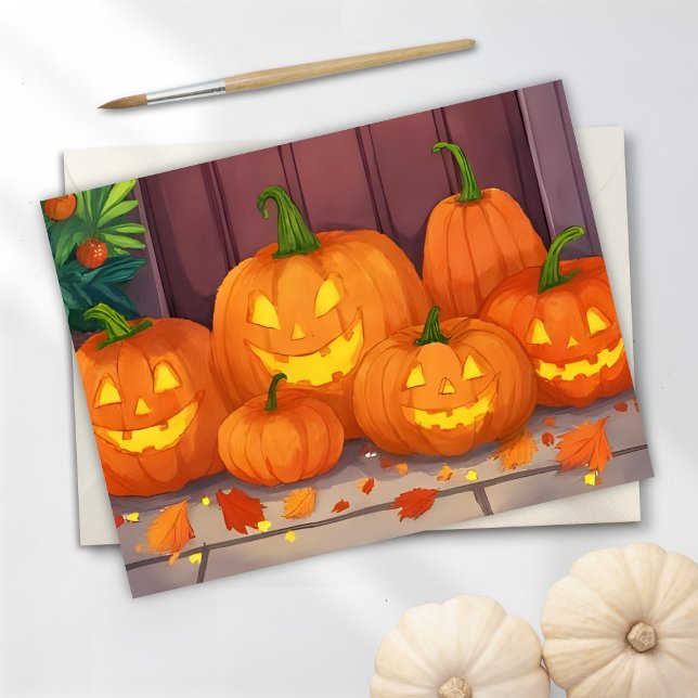 Cartão De Festividades Jack-O-Lanterns | Halloween Watercolor Pumpkins (Criador carregado)