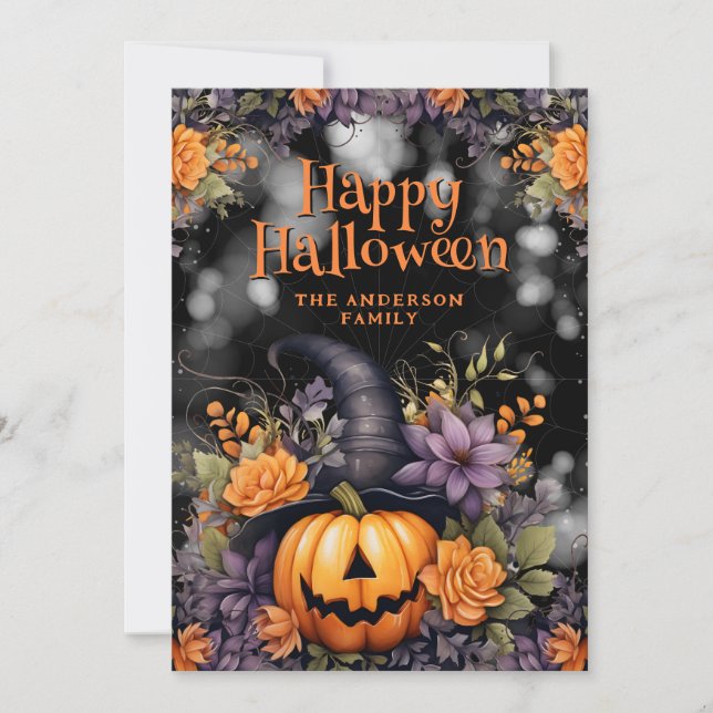 Cartão De Festividades Jack O'Lantern Witch Hat Floral Halloween Card (Frente)