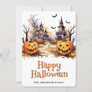 Cartão De Festividades Jack O'Lanterns Bats Graveyard Halloween Card