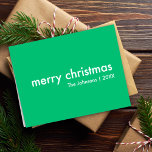 Cartão De Festividades Jade Green Christmas | Tendência Mínima Vibrante<br><div class="desc">Um simples e na moda, "feliz natal", cita um cartão de boas-vindas com a tipografia moderna, em branco, sobre um jade brilhante fundo verde num estilo minimalista de design "scandi". O cartão pode ser facilmente personalizado com o seu próprio cartões de natal, nome da família e ano para fazer um...</div>