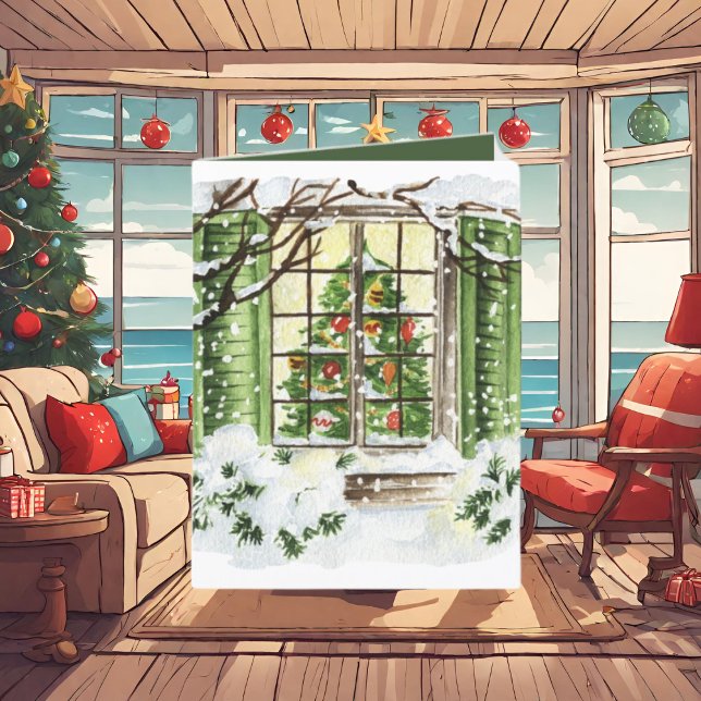 Cartão De Festividades Janela de árvore de Natal festiva adicionar texto (Criador carregado)