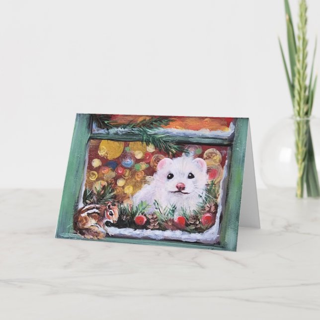 Cartão De Festividades Janela de Natal de Ferret e Chipmunk (Frente)