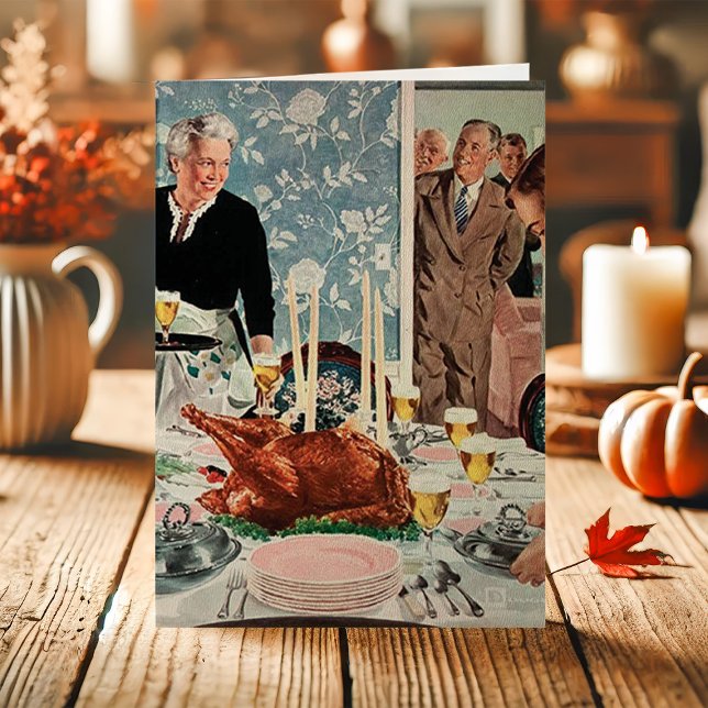 Cartão De Festividades Jantar de Ação de Graças de peru em família retrô (Criador carregado)