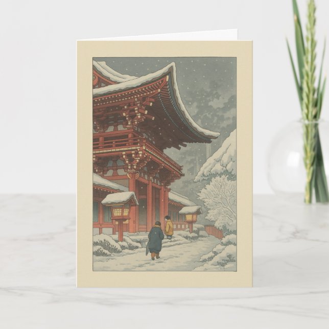 Cartão De Festividades Japanese Winter Temple Ukiyo-e Christmas Card (Frente)