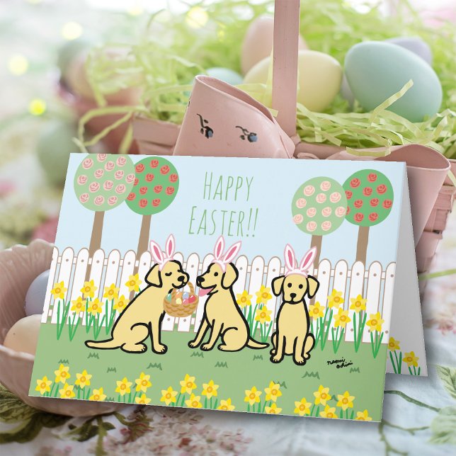 Cartão De Festividades Jardim dos coelhos da Páscoa de Labrador Amarelo (Three Labradors Easter Bunnies Greeting Cards.  Cute Labrador Cartoon Design.)