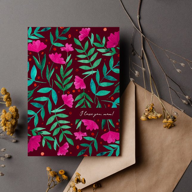 Cartão De Festividades Jardim mágico - magenta e verde eu te amo mãe (Criador carregado)