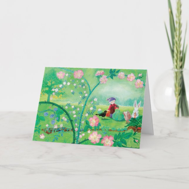 Cartão De Festividades Jardineiro Gnomo, Blackbird, Hedgehog e Coelho Bra (Frente)
