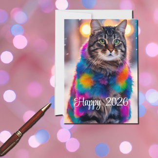 Cartão De Festividades Jazzy Kitty em casaco de pele - Feliz 2026