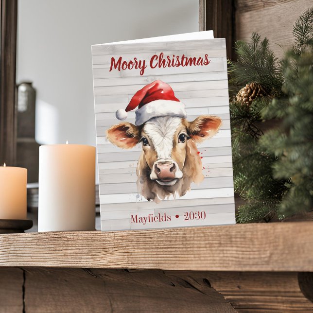 Cartão De Festividades Jersey Cow "Moory Christmas" Folheto de Natal (Moory Christmas jersey cow folded card barn wood background)