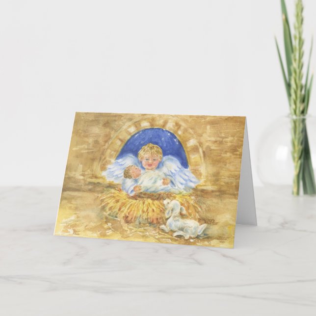 Cartão De Festividades Jesus and Angel Manger Greeting Card (Frente)