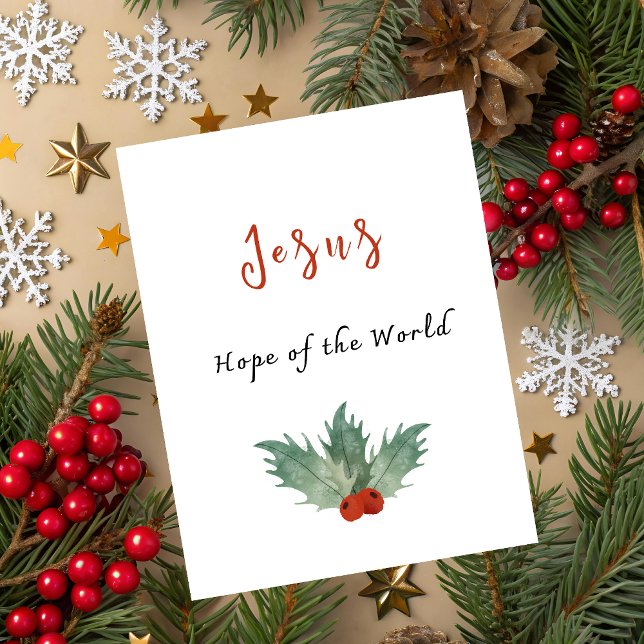 Cartão De Festividades Jesus Hope of the World Christmas Card (Christmas greeting card with red berry flower and Jesus Hope of the World typography.)
