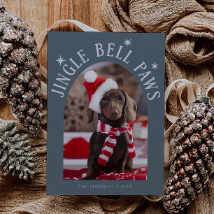 Cartão De Festividades Jingle Bell Paws Cachorro Foto Slate Blue Christma