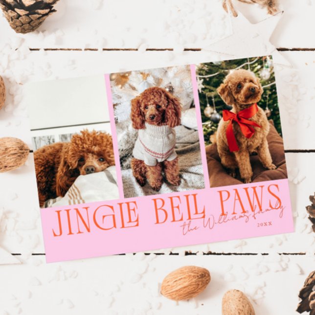 Cartão De Festividades Jingle Bell Paws Christmas Orange Pink Dog Photo  (Criador carregado)
