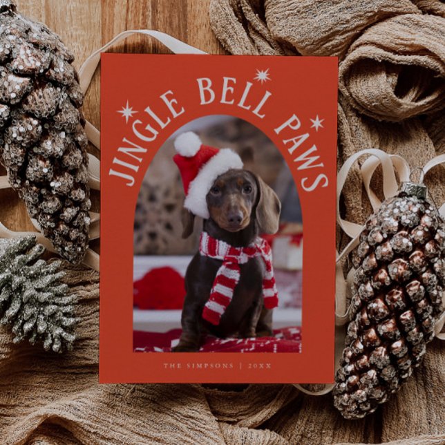 Cartão De Festividades Jingle Bell Paws Foto do Cão Vermelho (Criador carregado)