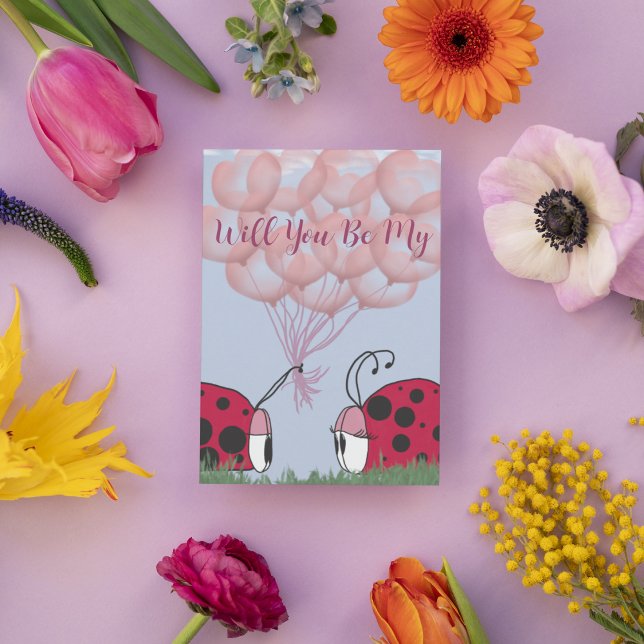 Cartão De Festividades Joaninha Adorável Com Bela Cesta de Balões Rosa (Criador carregado)