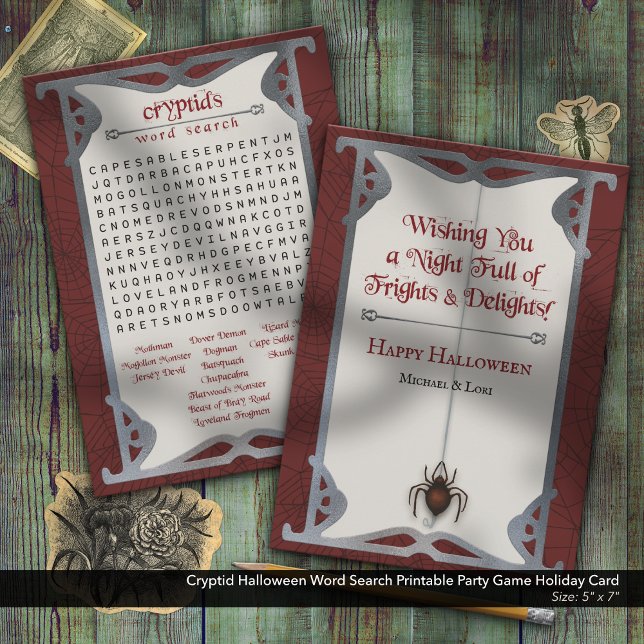 Cartão De Festividades Jogo de Partido Imprimível para Pesquisa do Word n (Cryptid Halloween Word Search–Printable Holiday Party Activity)