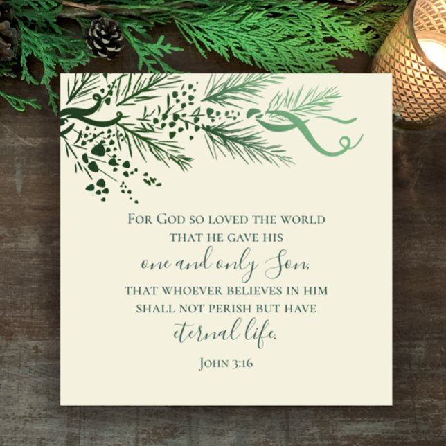Cartão De Festividades John 3:16 Natal Moderno Cristão Personalizado (John 3:16 elegant hand drawn pine greenery Christmas holiday greeting card. Personalize back script.)