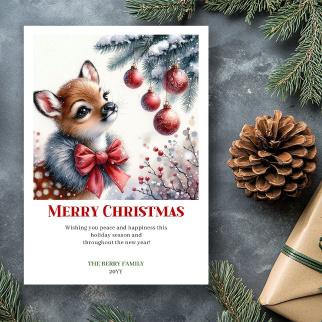 Cartão De Festividades Jolly baby deer winter scene snowy forest greeting (Jolly baby deer winter scene snowy forest greeting card)