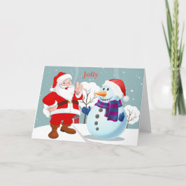 Cartão De Festividades Jolly santa snowman on a snowbank