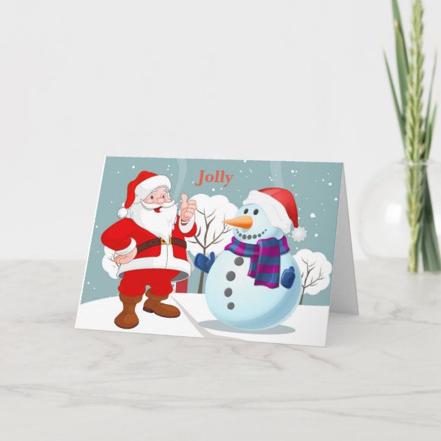 Cartão De Festividades Jolly santa snowman on a snowbank (Frente)