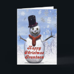 Cartão De Festividades Jolly snowman  Christmas card for Grandson<br><div class="desc">A jolly snowman wearing a top hat standing in the snow while snowflakes fall around him.</div>