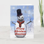 Cartão De Festividades Jolly snowman  Christmas card for Grandson<br><div class="desc">A jolly snowman wearing a top hat standing in the snow while snowflakes fall around him.</div>