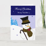Cartão De Festividades Jolly Snowman Professor Saudação<br><div class="desc">Um doce bonitão de neve com um chapéu,  segurando uma bengala.. encantando seus professores com este cartão de feriado divertido! Altere a mensagem conforme desejado.</div>