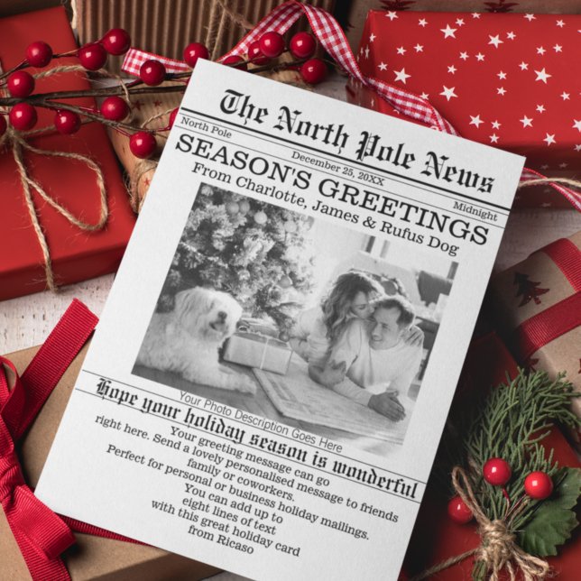 Cartão De Festividades Jornal de Natal do Polo Norte Personalizado (North Pole News Christmas Newspaper Personalized Holiday Card by Ricaso. Novelty fun holiday cards)