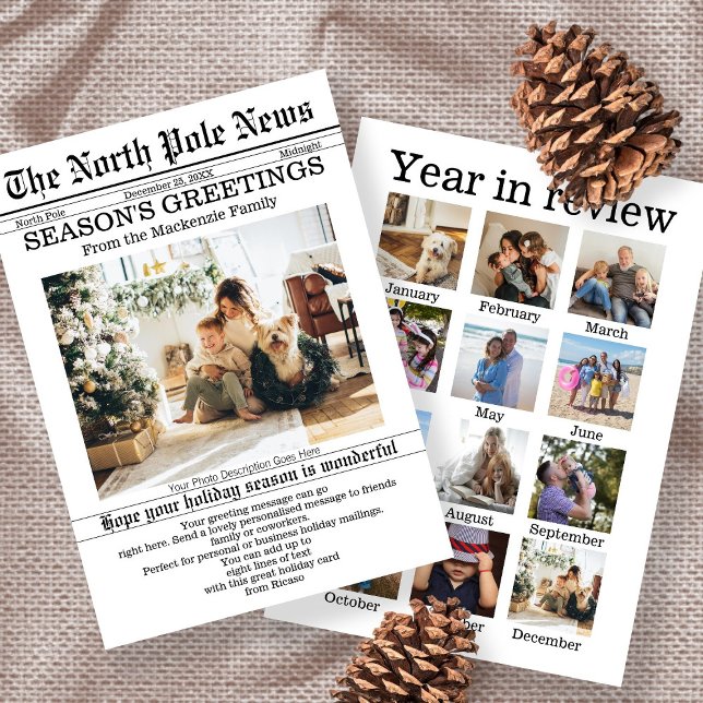 Cartão De Festividades Jornal de Natal do Polo Norte Personalizado (North Pole News Christmas Newspaper Personalized Holiday Card with year in review 13 photos. Ricaso)
