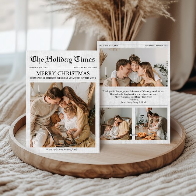 Cartão De Festividades Jornal Natal Único Família de Fotos 4 (Newspaper 4 Photos Christmas Card, Unique Photo Holiday Card)