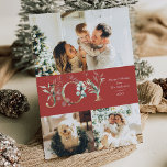 Cartão De Festividades JOY 3 Foto Vermelha e Elegante Dourado<br><div class="desc">Cartão Elegante de 3 fotos,  com aparência limpa e moderna,  com gráficos dourados e verdes,  com padrão botânico de ouro de inverno.</div>