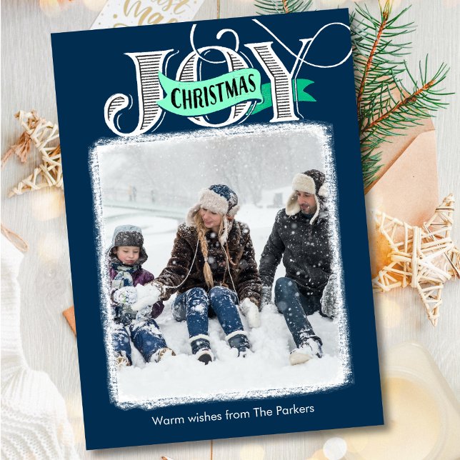 Cartão De Festividades Joy Blue Modern Bold Script Foto Simples (Criador carregado)