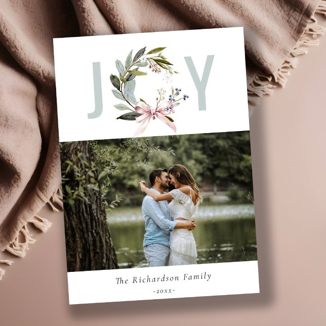 Cartão De Festividades Joy Blush Blue Winter Winter Wreath Photo (Criador carregado)