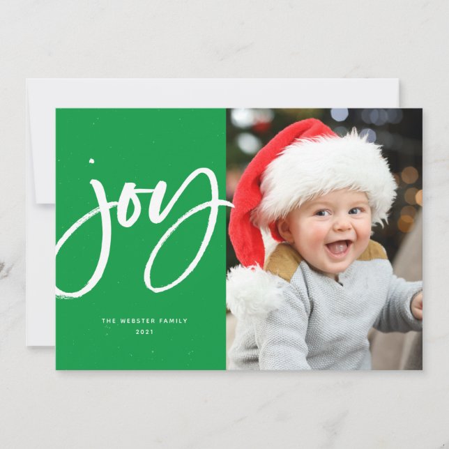 Cartão De Festividades Joy brush script modern green one-photo Christmas (Frente)