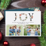 Cartão De Festividades JOY Christmas Floral Wreath Two Photos Collage<br><div class="desc">Espalhe suas saudações da temporada com este "JOY Typografia Poinsettia Floral Wreath Photo Collage Holiday Card". É fácil personalizar ser exclusivamente seu. (1) Para mais personalização, clique no link "personalizar mais" e use nossa ferramenta design para modificar esse modelo. (2) Se você prefere papéis mais espessos / Término da matéria,...</div>